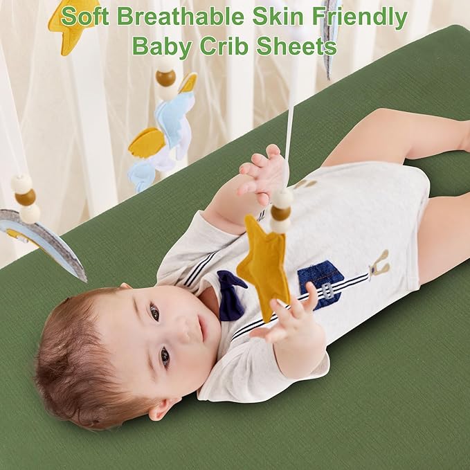 Muslin Fitted Crib Sheets for Girls & Boys-2 Pack 28"x 52" Soft Baby Mattress Sheet-No Slip Boho Neutral Breathable Toddler Cotton Bedding Olive Green & Beige