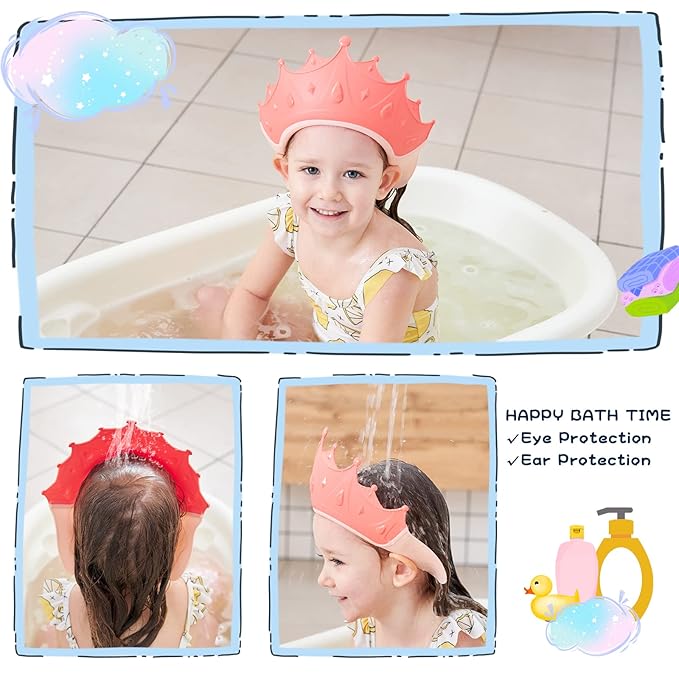 Baby Shower Cap Shield, Shower Cap for Kids, Visor Hat for Eye and Ear Protection for 0-9 Years Old Children, Cute Crown Shape Makes the Baby Bath More Fun (2 Pack)