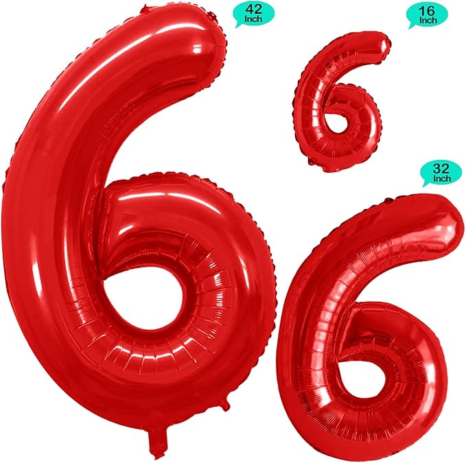 GOER Red Foil Balloons Number 6,Huge Number Balloons for 6th 66th Birthday Party Supplies Anniversary Decorations (3 pcs,42 inch,32 inch,16inch)