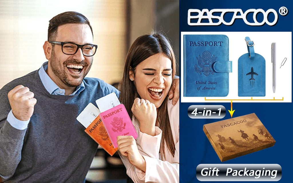 Passport Holder With Luggage Tag Cover Wallet RFID Blocking Leather Case Travel Essentials Accessories Travel Must Have(114#Blue)