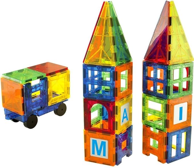 Magnet Tiles - Clear Magnetic 3D Building Blocks - Educational Toys, Games, Activities, Puzzles - Creativity, Motor Skills, Learning Shapes - Storage Bin, 2 Car Base, 120pcs, 13 Click-Ins