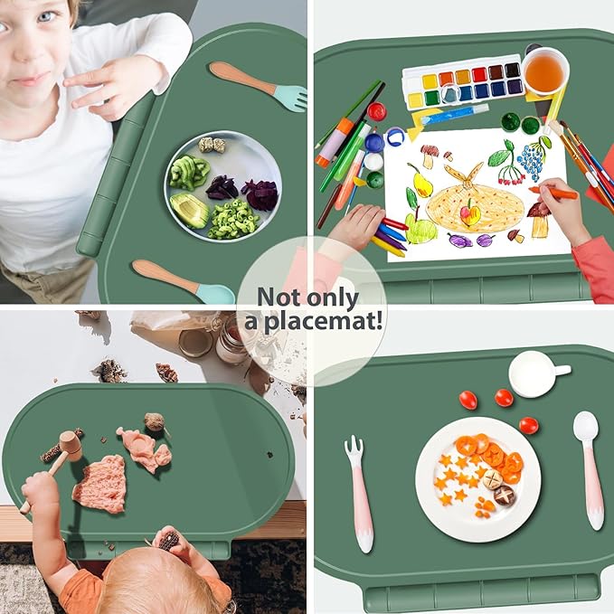 Silicone Placemat for Baby, Silicone Baby Toddlers Non-Slip Tablemats Stain Resistant Anti-Skid Reusable Dishwasher Safe Table Mats, Portable Food Mat Travel (2Pack, Oxford Green)