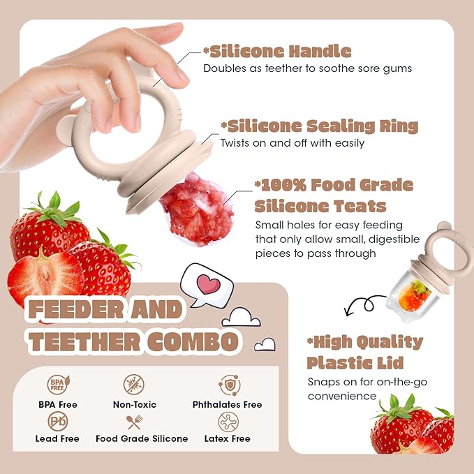 Baby Fruit Food Feeder & Breastmilk Popsicle Molds for Teething Relief, Baby Feeding Sets, 1 Freezer Tray with Lid & 1 Teether Toy & 1 Silicone Teething Pacifier Feeder, Extra Food Pouches (Beige)