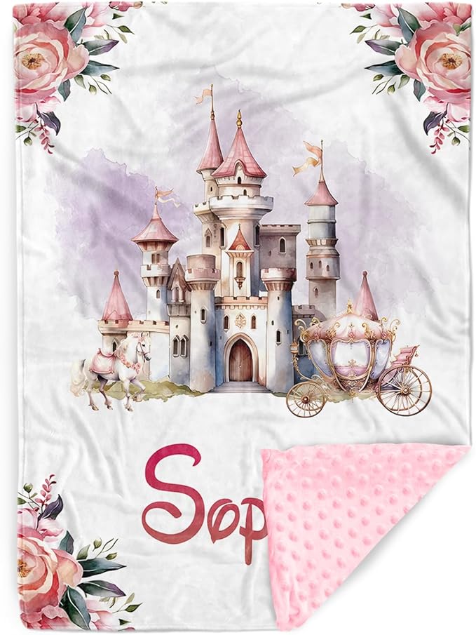 Personalized Baby Blankets for Girls, Custom Name Floral Castle Pattern Baby Blanket, Soft Minky Dot Blanket for Newborns and Toddlers, Ideal for Baby Showers Christmas Brithday Gifts