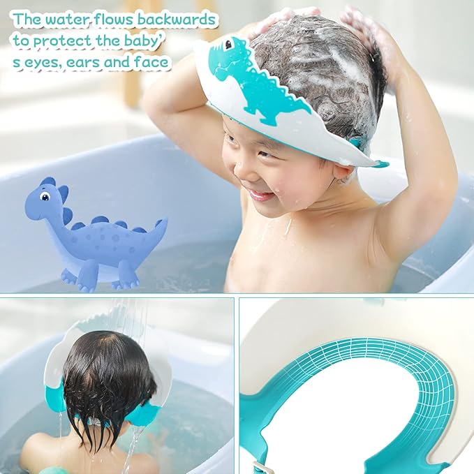 Shower Cap for Kids, Baby Toddler Hair Washing Shield, Visor Hat for Eyes and Ears Protection for 0-9 Years Old Children, Cute shape Shampoo Cap Makes the Baby Bath More Fun (Dinosaur, Blue)