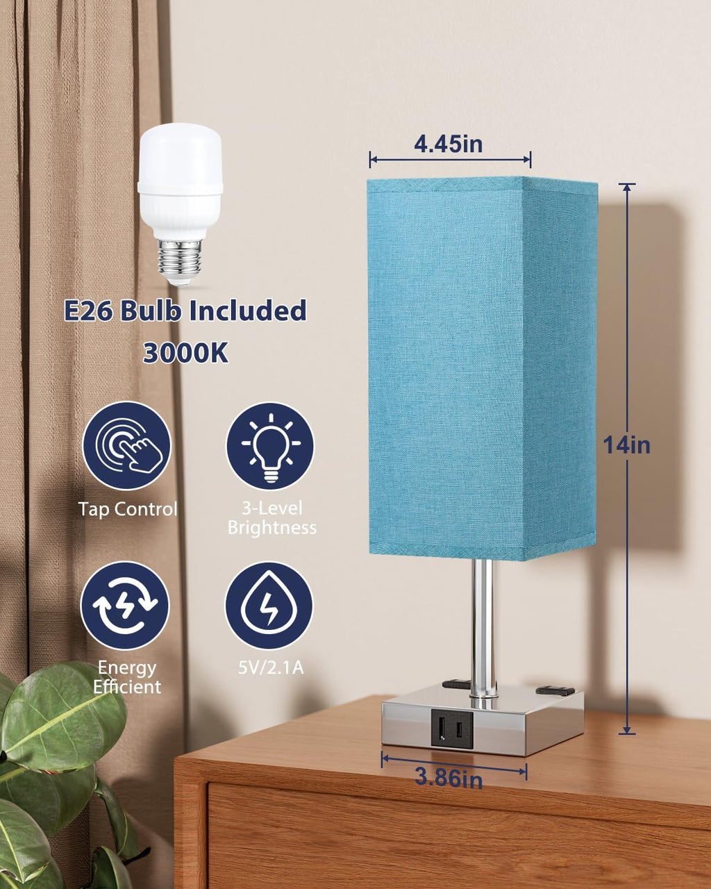 Touch Bedside Table Lamp for Nightstand - 3-Way Dimmable Night Lamp with USB A + Type C Charging Ports and Two AC Outlets, Small Desk Light with E26 Bulb for Bedroom Living Room Dorm, Turquoise