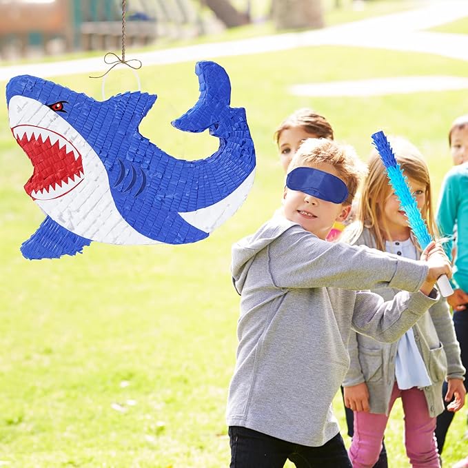 WERNNSAI Shark Piñata - Ocean Shark Birthday Party Decorations Kids Boys Pinata with Blindfold and Bat for Under the Sea Party Supplies Baby Shower Birthday Game Set