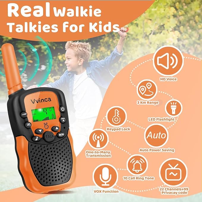 Vvinca Kids Walkie Talkies Rechargeable Toys Gifts for Ages 3 4 5-7 8-12 Year Old Boy Girl Halloween with Flashlight 22 Channel 2 Way Radio, 3 KM Long Range Walkie Talkie for Adventure Game Camping
