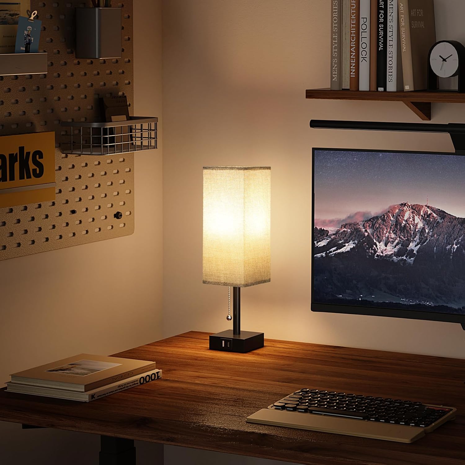 Bedside Table Lamps Set of 2 - Gray Bedroom Lamps with 3 Color Temperatures (3000K/5000K/4000K), Square Nightstand Light with USB C + A Charging Ports, Pull Chain Small Night Light