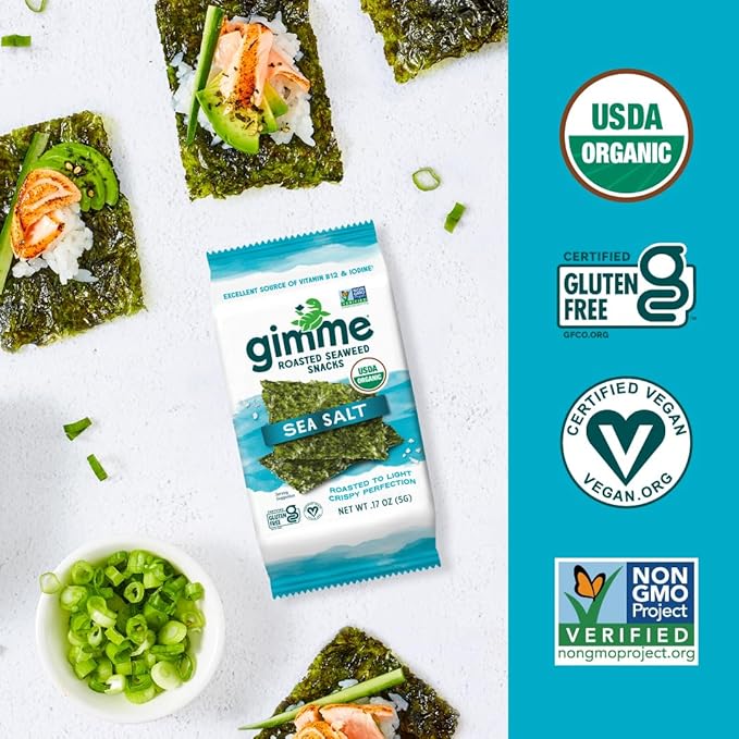 Gimme Seaweed Organic Premium Roasted Seaweed Snacks, Sea Salt, 40 Count, Keto, Vegan, Gluten-Free, Great Source of Omega3s and Iodine, Healthy On-The-Go Snack for Kids and Adults