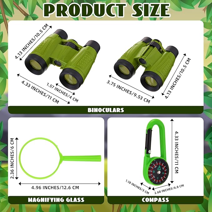 Libima 12 Set Binoculars for Kids with Neck String with Magnifying Glass and Compass Green, Toy for Boys and Girls for Bird Watching Camping Outdoor Explorer Kit Camping Outdoor Toys