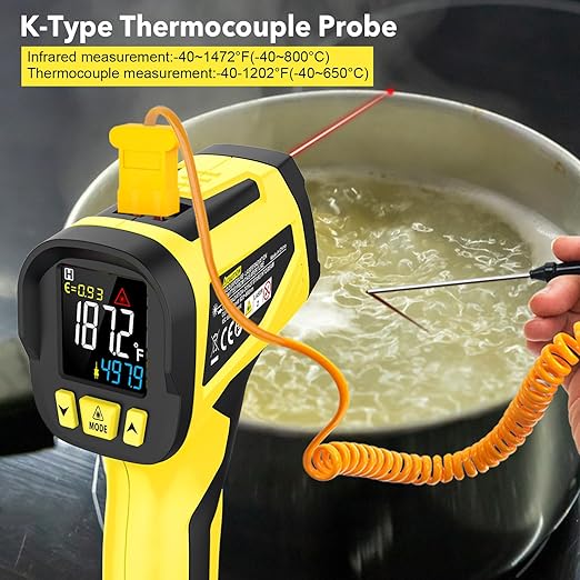 Infrared Thermometer Temperature Gun,-40°F to 1472°F, Non-Contact Digital IR Thermometer Temp Gun with Thermocouple Probe for Cooking, Pizza Oven, HVAC, Engine, Griddle, Adjustable Emissivity