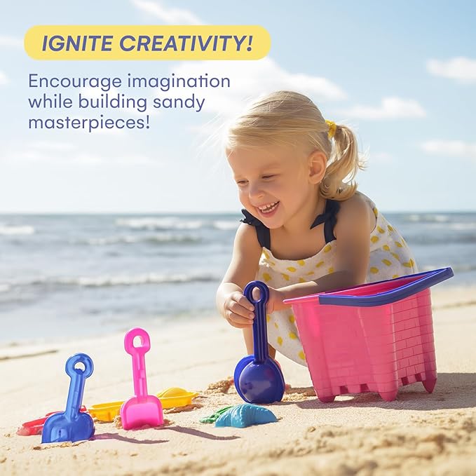 Sand Castle Building Kit, Beach Toys, Beach Bucket, Set of 4 Sand Castle Molds for Kids, Gift Toy for Ages 1 2 3 4 5 6 7 8 9, Older Kids and Toddlers, Sandcastle Building Kit Pail for Kids