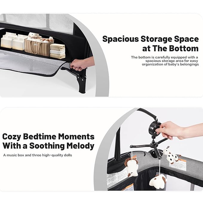 4 in 1 Height Adjustable Baby Playard, Foldable Nursery Center with Music Box Toy Rack, Side Storage, Changing Table, Large Portable Playpen for Newborns and Toddlers（Gray）