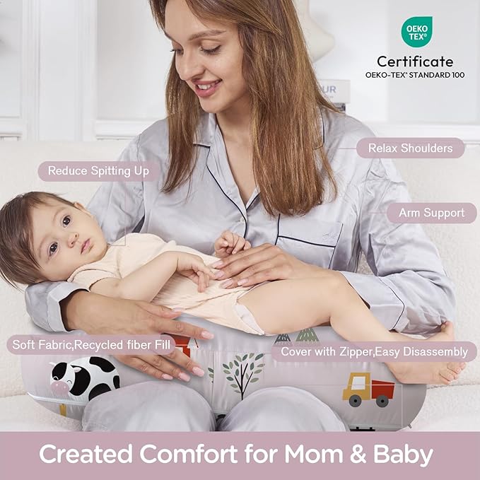 Little Grape Land New Nursing Pillow for Breastfeeding, Larger Breast Feeding Pillow and Positioner with Removable Cover for More Support, Tummy Time and Bottle Feeding Support Pillow, Pink Ranch