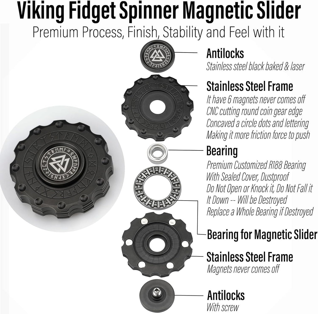 FREELOVE Metal Fidget Spinner Magnetic Slider, Viking Pirate Spinning Haptic Clicker, Heavy Stainless Steel Spin Clicky, Small Round Gear Click Gyro, Premium Silent Bearing, Adults Anxiety Cool, Black