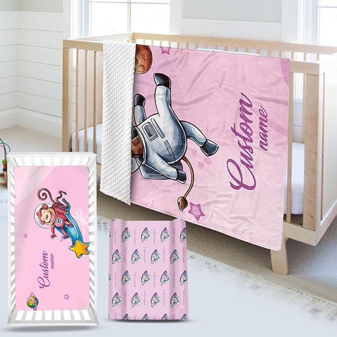 Personalized Baby Crib Bedding Set – Deer Astronaut Pattern Nursery Bedding Sets 3 Piece with Custom Name Blanket, Fitted Crib Sheet & Changing Pad Cover – Ideal Newborn Gift for Girls