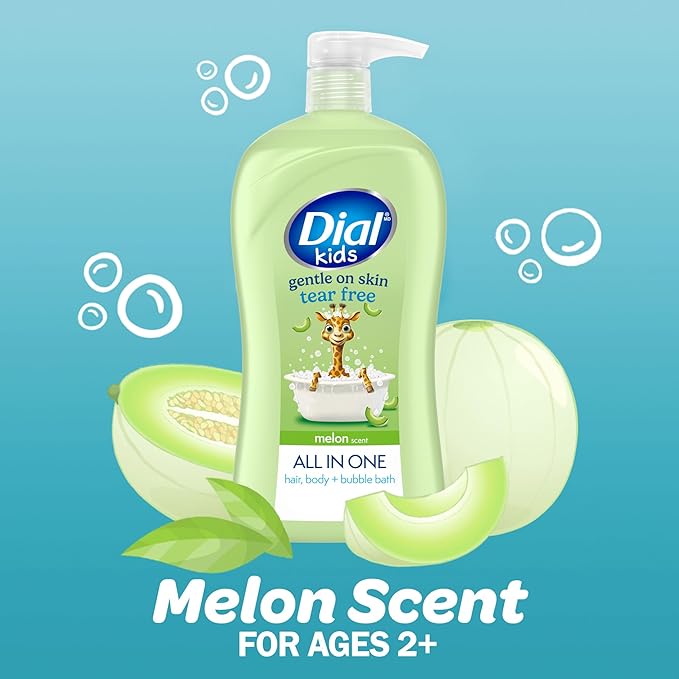 Dial Kids All-in-1 Body Wash + Hair + Bubble Bath, Melon Scent, 32 Fl Oz, Hypoallergenic Body Wash & Shampoo, No Tears Formula for Kids 2+ Years, No Parabens & Silicones