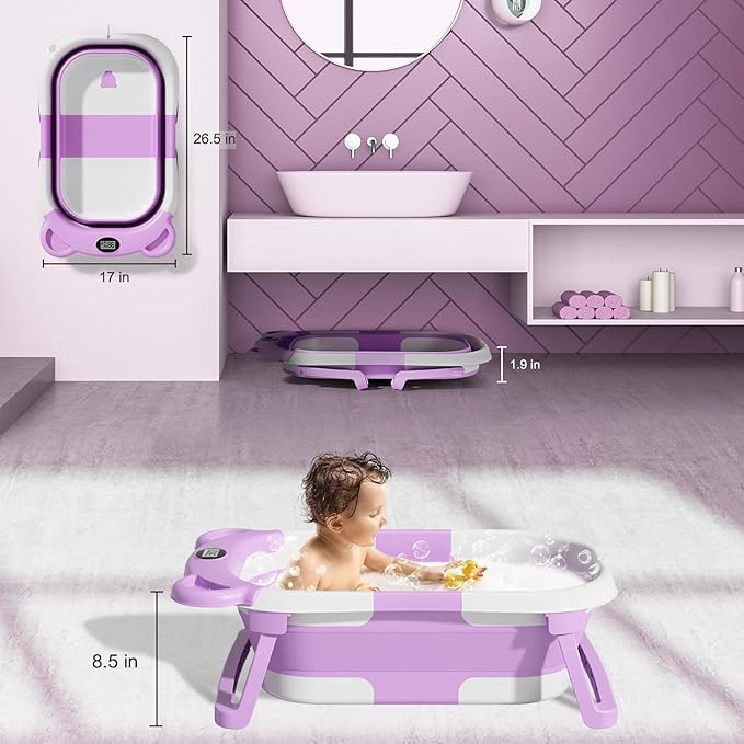 TPN Collapsible Baby Bathtub, Baby Bath Tub with Soft Cushion & Real-Time Thermometer, Baby Bathtub Infant to Toddler Tub (0-36 Months), Portable Travel Baby Tubs for Newborns (Lavender)