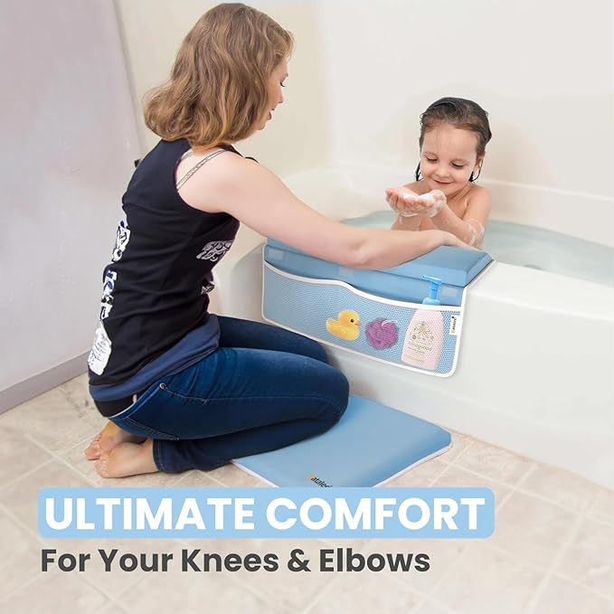 Bath Kneeler and Elbow Rest Pad Set, Premium Gift for Expecting Moms, Non-Slip Thick Kneeling Pad, Knee Saver with Toy Organizer (Large, Blue)