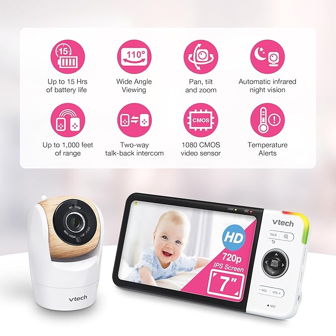 VTech VM919-2HD Baby Monitor, 7" 720p Screen, 2 Cameras, 360 Panoramic Viewing, 110 Wide-Angle View, Night Vision, Up to 1000ft Range, Secured Transmission No WiFi
