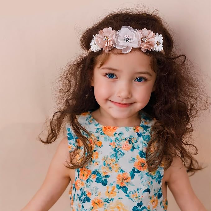 Baby Girl Nylon Headbands Flower Hair Bows Accessories-Elastic Hair Band Crown Handmade FLoral Wraps Birthday Gifts for Girls Newborn Infant Toddler 3Pcs