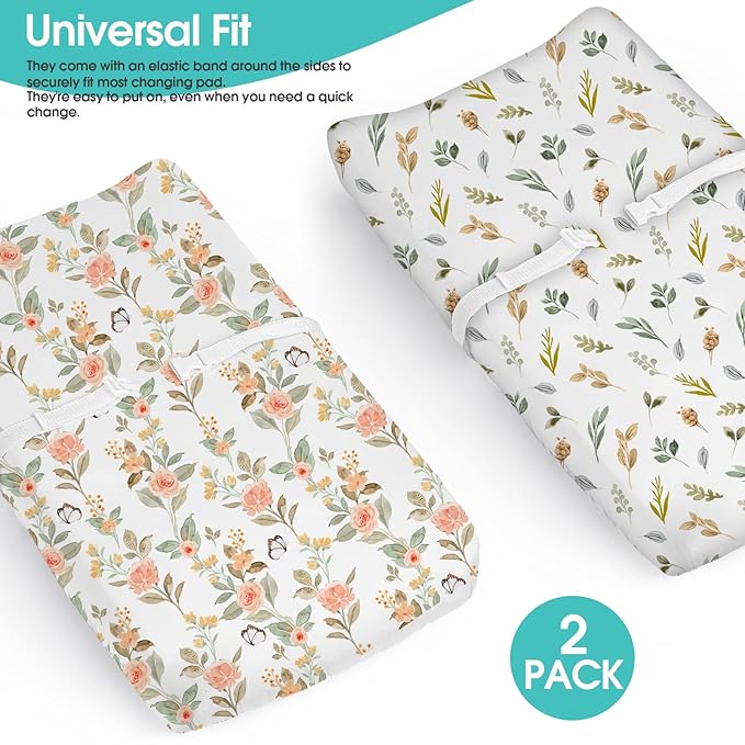 BROLEX Changing Pad Covers for Baby: Boy Girls Ultra Stretchy Soft 2 Pack, Rose Foliage