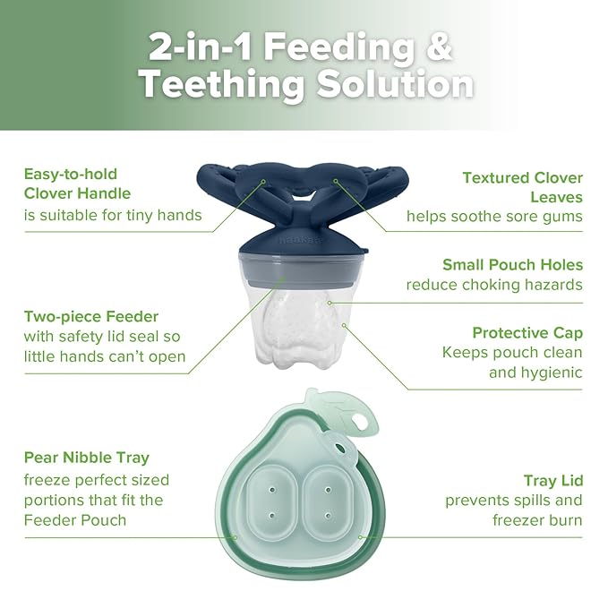 Haakaa Clover Baby Fruit Feeder Teether & Mini Freezer Nibble Tray – BPA-Free Silicone Breastmilk Popsicle Mold for Baby Teething Relief & Self-Feeding, 4M+ (Steel Blue)