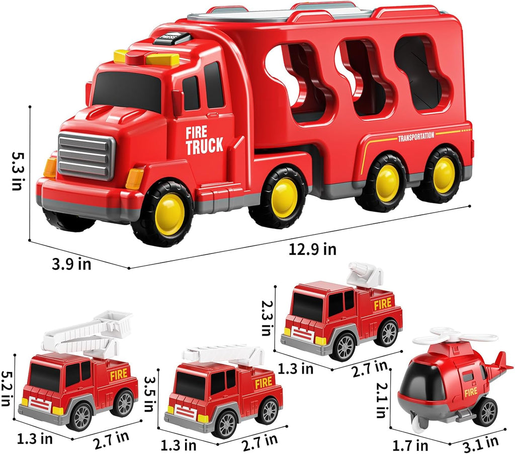 TEMI Fire Trucks Boy Toys for Toddlers 3-5 Year Old - Firetruck Toys for Kids 3 4 5 6 7, Transport Vehicle Carrier Set, Birthdays Gifts for Kids Girls Aged 4-6