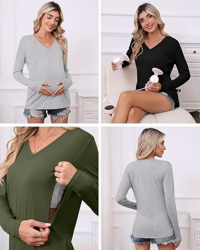 Huukeay 3 Pack Women's Long Sleeve Nursing Tops, Breastfeeding Hidden Zippers Shirts V Neck Maternity Pregnancy Tees Clothes