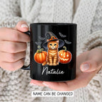 Custom Halloween Orange Tabby Coffee Cup, Personalized Name Orange Tabby with Pumpkins Ceramic Mug, Cat Witch Pumpkin Mug 11oz 15oz, Pet Cat Halloween Black Cup, Gift Idea for Pet Enthusiast