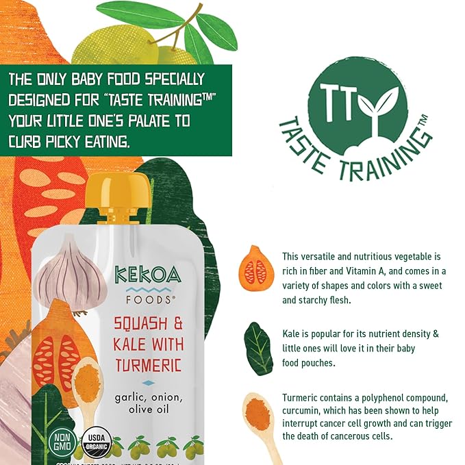 Kekoa Foods Squash & Kale with Turmeric Baby Food Purée | 100% USDA Certified-Organic Vegetarian Squeeze Pouch | Organic, Non-GMO, Gluten-Free, Vegan | Nutritious First Food for Babies | 3.5 oz
