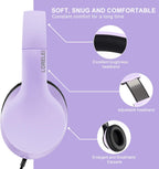 Lorelei X6 Over-Ear Headphones with Microphone, Purple-Black Lightweight Foldable & Portable Stereo Bass, Wired for Smartphone & Tablet, MP3 (1.45M No-Tangle)