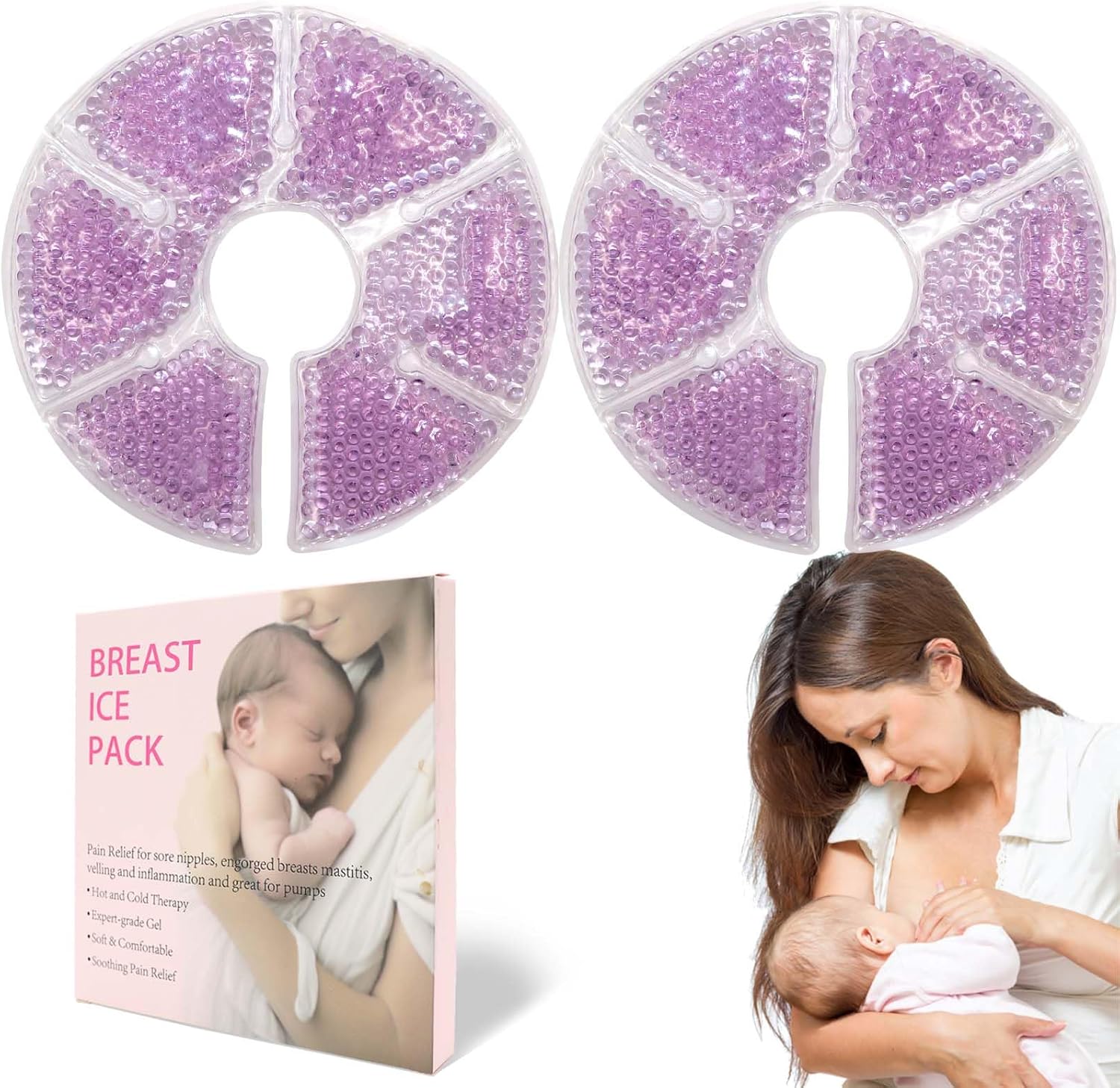 Breast Therapy Ice Packs, Hot and Cold Breast Pads, Breastfeeding Essentials Large Gel Bead Packs for Moms, 2 Pack (Purple, M)