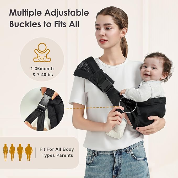 Toddler Sling Carrier, Easy to Wear Baby Carrier Sling 7-40 lbs, Adjustable Lightweight Baby Wrap Sling, Perfect Toddler Hip Carriers One Size Fits All, Black