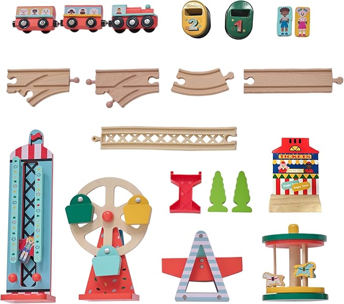 Teamson Kids Wooden Train Table – Carnival-Themed Amusement Park Playset with Ferris Wheel, Carousel & Train Track – Interactive Toy for Toddlers with Storage – Ages 3+