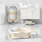 Collapsible Baby Bathtub for Newborns with Thermometer and Soft Floating Cushion Portable and Foldable Travel Baby Boy Bath Tub for Infants to Toddler 0-36 Month (Beige)