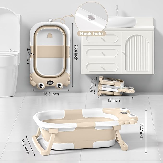 Collapsible Baby Bathtub for Newborns with Thermometer and Soft Floating Cushion Portable and Foldable Travel Baby Boy Bath Tub for Infants to Toddler 0-36 Month (Beige)