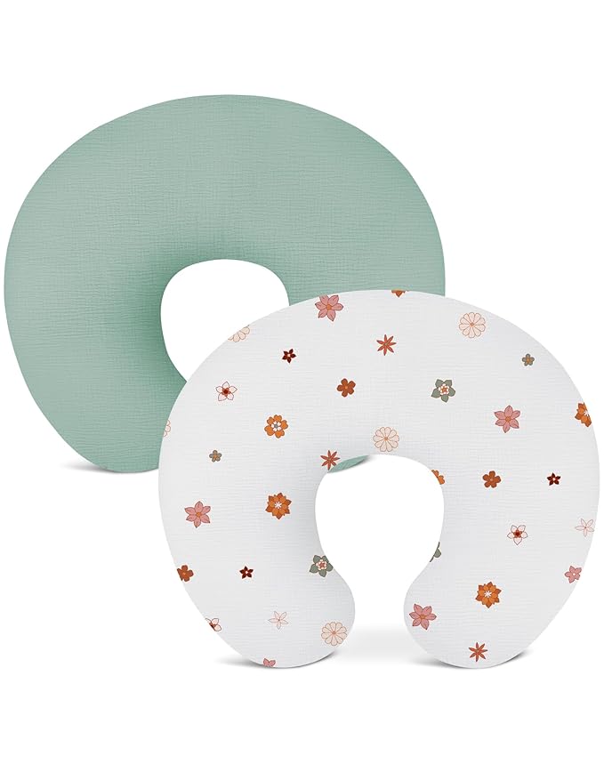 Nursing Pillow Covers 2 Pack, Muslin Nursing Cover for Breastfeeding Pillows, Comfortable for Baby Girls and Boys (Sage & Flower-B)