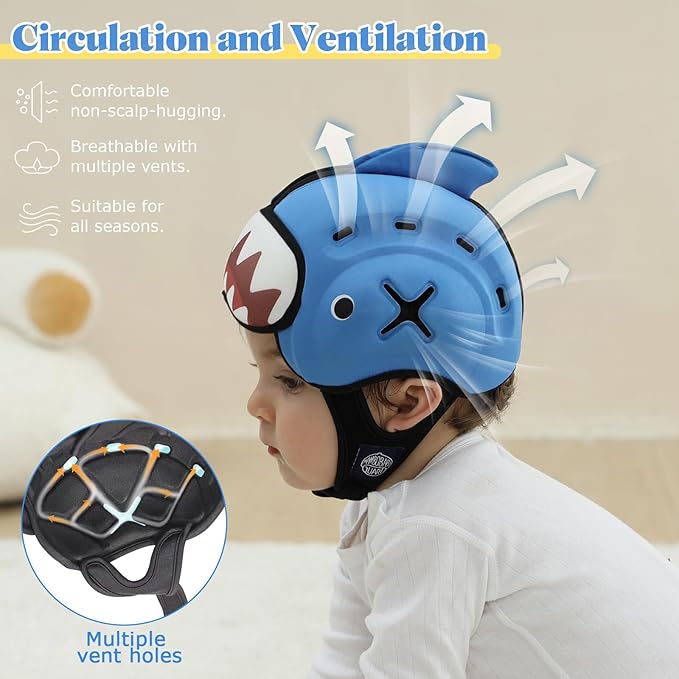 Baby Head Protector Baby Helmet for Crawling and Walking - No Bumps and Soft Safety Peak - Ultra Light and Adjustable Baby Head Protector Suitable for Babies 6-24 Months-Yellow Shark