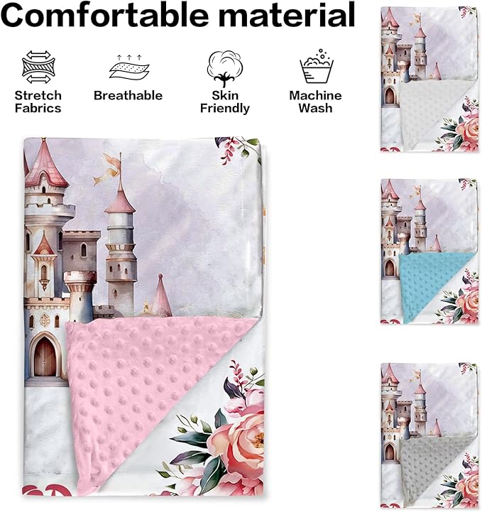 Personalized Baby Blankets for Girls, Custom Name Floral Castle Pattern Baby Blanket, Soft Minky Dot Blanket for Newborns and Toddlers, Ideal for Baby Showers Christmas Brithday Gifts