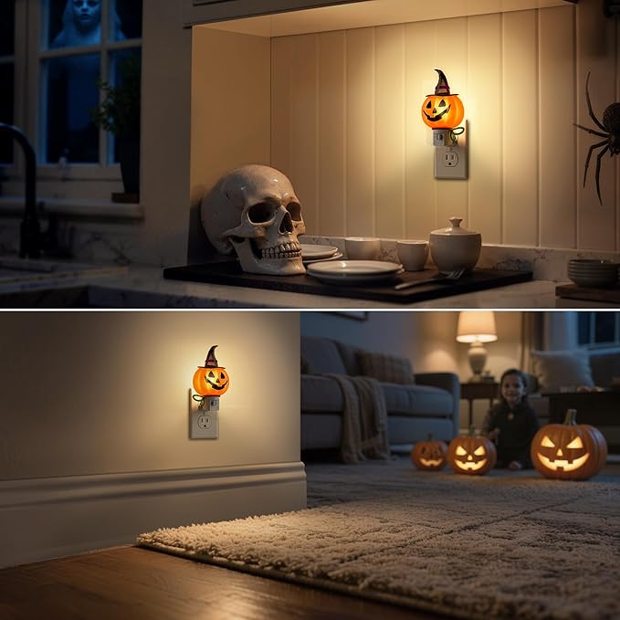 DORESshop Pumpkin Night Light, 3000K Night Lights Plug into Wall,Cute & Funny Halloween Decor Night Light for Kids,Plug in Nightlight with 360° Rotatable, Halloween Party Pumpkin Decor,2 Pack