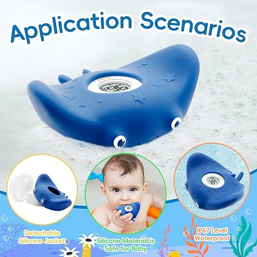 b&h Silicone Baby Bath Thermometer - Safety Digital Infant Bathtub Temperature Thermometer, Color-Coded Display, Quick-Read, Detachable Silicone Jacket, Dishwasher Safe, Temperature Toy (Manta Ray)