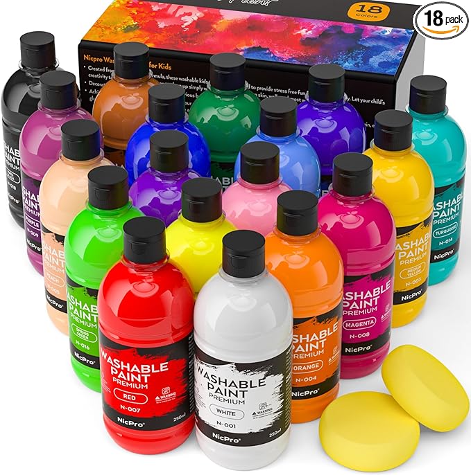Nicpro 18 Colors Large Washable Paint Set for Kid (8.4oz,250 ml), Acrylic Bulk Paint Supplies Non Toxic Children Tempera Paint for Art, Craft DIY, Poster & Finger Paint, School, Home,Classroom, Party