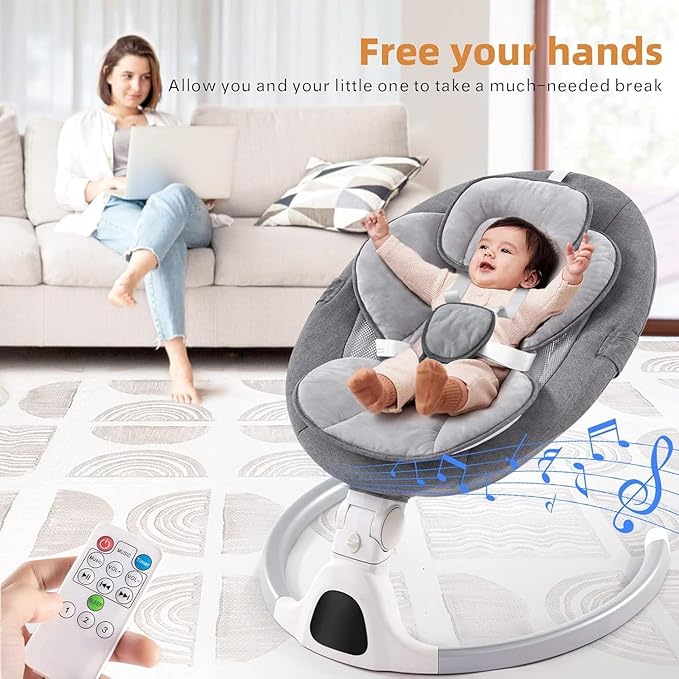 Baby Swing for Infants,Comfort Cradling Baby Rocker Portable Newborn Swing with Music/Remote Control/Timing Function,Grey
