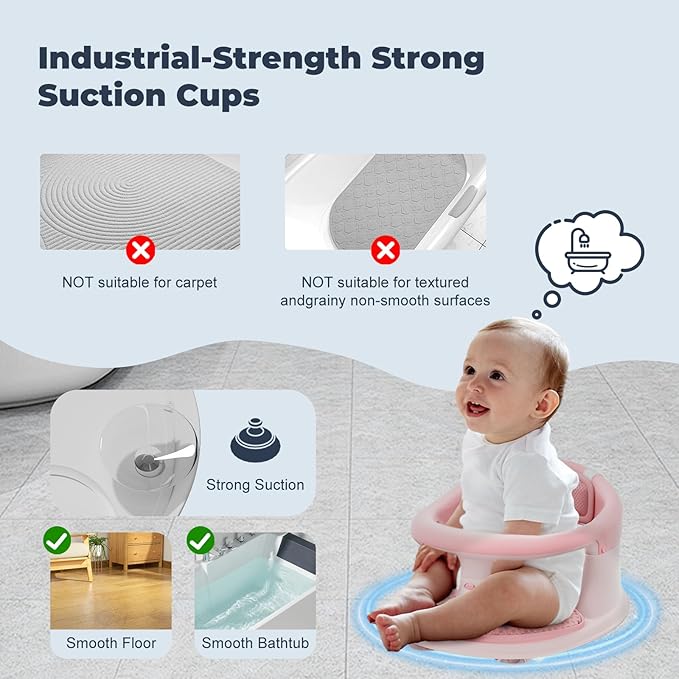 Baby Bath Seat-for Babies 6 Months & up with Temperature Alert+Soft Cushion+Suction, Toddler Bath Seat for Baby, Sitting Up with Baby Bathtub Seat, Pink