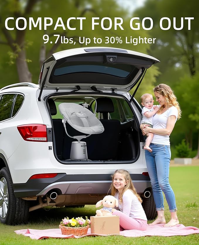 Zoicay Lightweight Baby Swing for Infant with 3 Modes & 5 Speeds, BT Enabled App & Remote Control Electric Swing – 6 Lullabies and 3 Timer Settings, 2 Seat Positions and 5-Point Harness Compact Swing