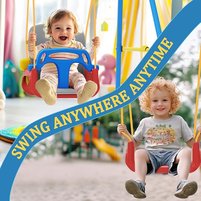 2 in 1 Toddler Swing & Baby Jumper, Foldable Baby Bouncer with Soft Cushion, Foldable Indoor & Outdoor Use, Easy to Install & Store Swing Sets for Backyard Play (Blue)