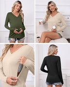 Huukeay 3 Pack Women's Long Sleeve Nursing Tops, Breastfeeding Hidden Zippers Shirts V Neck Maternity Pregnancy Tees Clothes