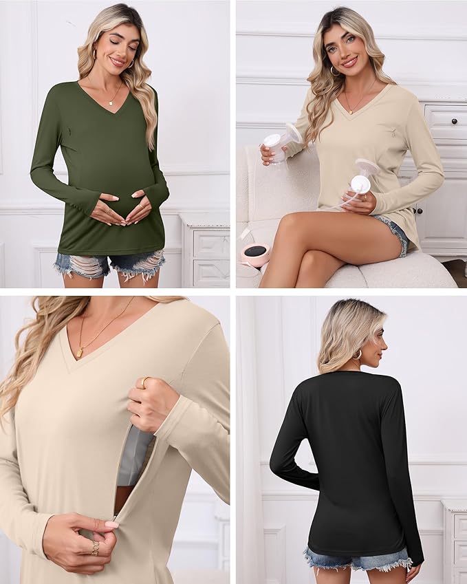Huukeay 3 Pack Women's Long Sleeve Nursing Tops, Breastfeeding Hidden Zippers Shirts V Neck Maternity Pregnancy Tees Clothes